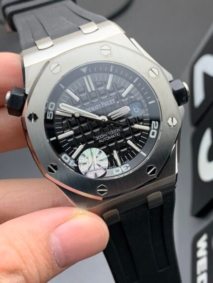 A close-up of a watch with a black dial, white markings, and a unique design on the dial.