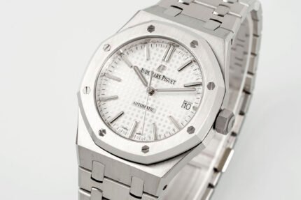 Silver stainless steel watch with a white dial and matching bracelet.