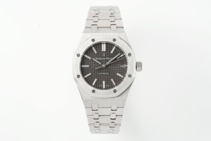 Silver stainless steel watch with a black dial and matching bracelet.