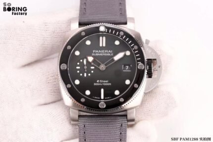A black wristwatch with multiple dials and a black strap.