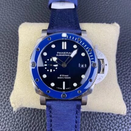 A blue wristwatch with a blue dial and silver accents on a blue strap.