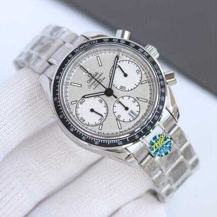 A silver chronograph watch with a white dial and stainless steel bracelet.