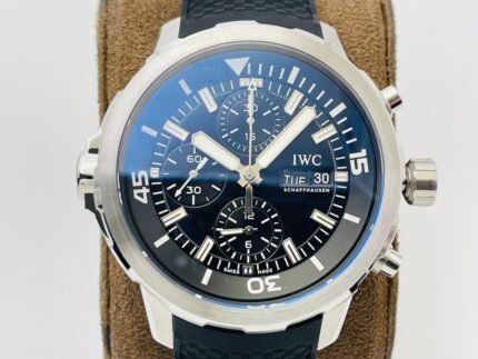 A black dial watch with multiple sub-dials and a date window.