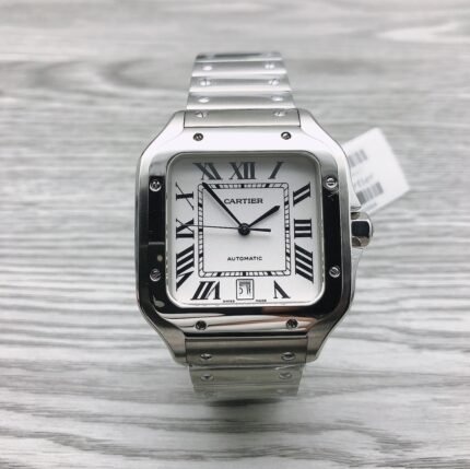 A square-faced stainless steel watch with a black dial and stainless steel bracelet.