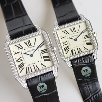 Two rectangular watches with black and white dials and black leather straps.