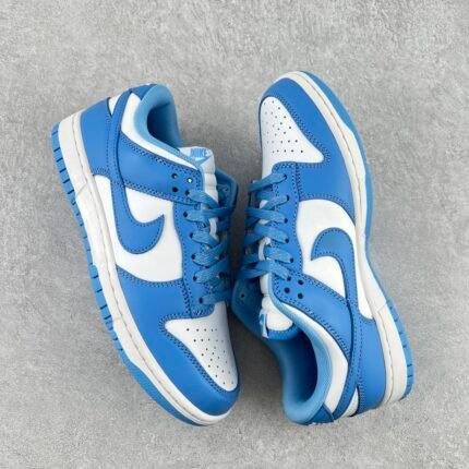 This image showcases the heel section of a Nike sneaker. The shoe features a classic blue and white color scheme, with a prominent "NIKE" logo embroidered in white on a blue background. The upper is made of blue and white leather panels, with neat stitching that highlights the fine craftsmanship. The sole is white with a blue rubber outsole, providing good wear resistance and traction. The design of this shoe is simple and versatile, suitable for various sports and casual occasions.