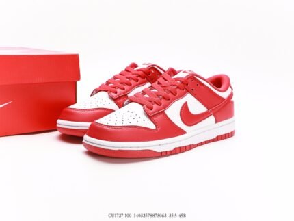 A red and white Nike Dunk Low sneaker with a perforated toe box and the Nike logo on the tongue.