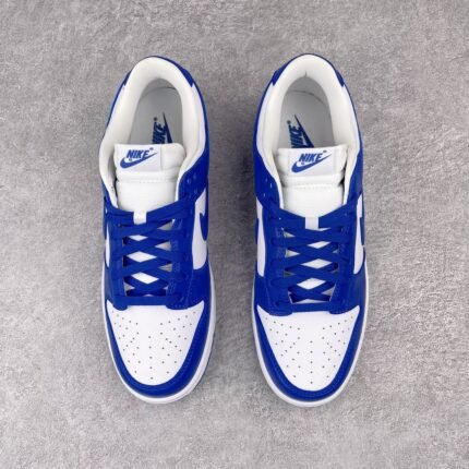 A pair of blue and white Nike Dunk Low sneakers on a gray background.