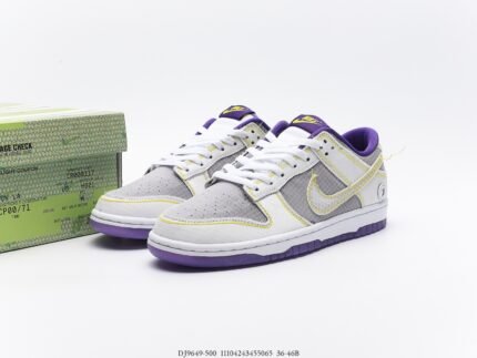 A pair of white and purple Nike Dunk Low sneakers with a grid pattern and yellow accents, placed next to a luggage tag.