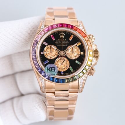 A gold wristwatch with a black dial and colorful accents on a gold bracelet.
