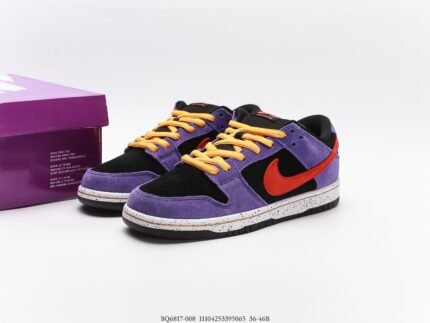 Purple, black, and orange Nike Dunk Low sneakers with yellow laces and a purple shoebox.
