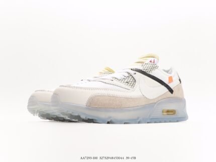 A pair of light-colored sports shoes with transparent air cushion, on a white background