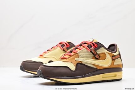 Beige and brown sports shoes with red laces and an air cushion sole