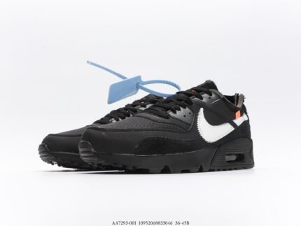 Black sports shoes with white accents and a blue tag