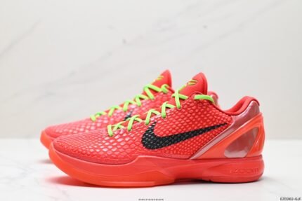 A pair of red sports shoes with fluorescent yellow laces and a transparent air cushion