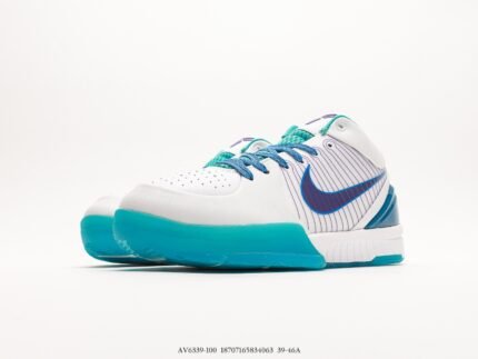 White sports shoe with blue and cyan accents, on a white background