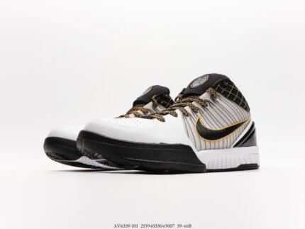 White and gold-accented sports shoe with a black logo, on a white background