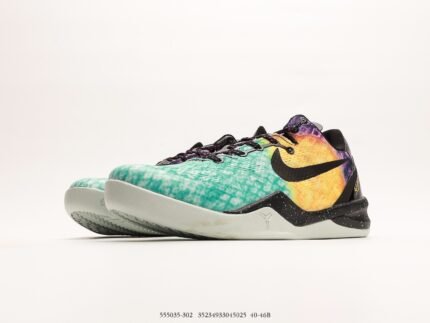 A pair of multicolor sports shoes with black laces and a white sole