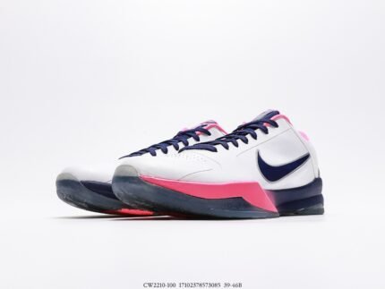 White sports shoes with black and pink accents, transparent air cushion