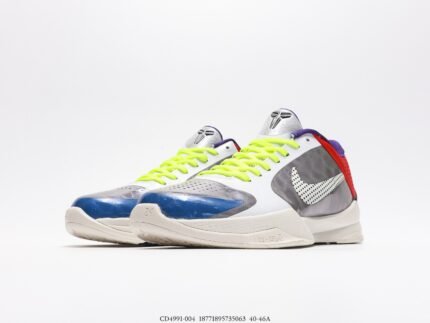 A pair of multicolor sports shoes with fluorescent yellow laces and a white sole