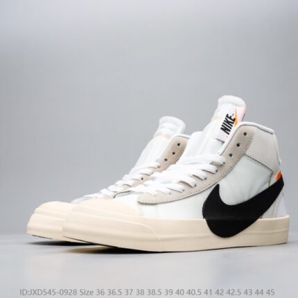 A pair of white high-top sports shoes with black accents and a beige sole