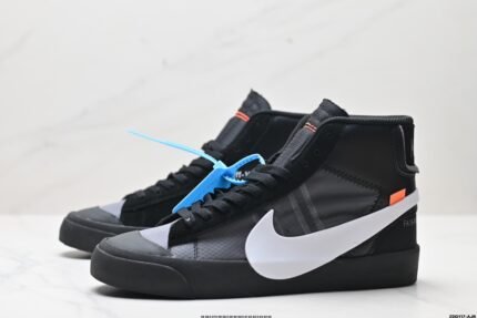 A pair of black high-top sports shoes with white accents and a blue tag
