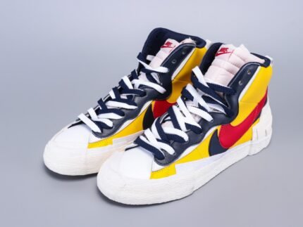 A pair of multicolor high-top sports shoes with white laces and a rubber sole