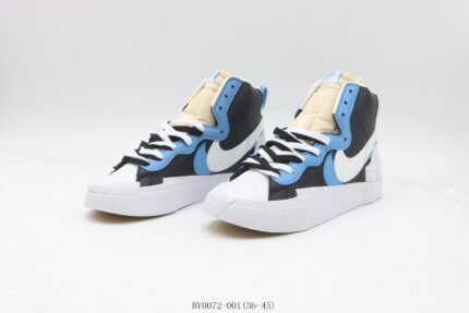 A pair of black, blue, and white high-top sports shoes with white laces