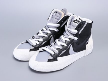 Black and white high-top sports shoes with white laces