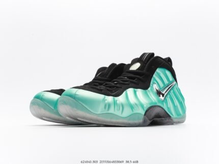 A pair of green and black sports shoes with black laces and a transparent air cushion