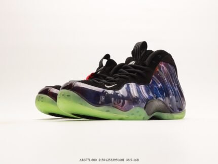 A pair of colorful high-top sneakers with transparent sections on the upper and a green sole.