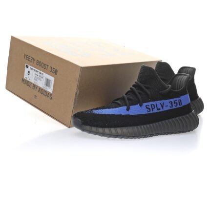 This is a pair of Adidas Yeezy Boost 350 sneakers, known for their unique design and comfort. The shoes feature a black Primeknit upper that offers excellent breathability and a snug fit. The blue "SPLY-350" text on the side is very eye-catching, adding a fashionable touch. The Boost technology midsole provides superior cushioning, allowing wearers to enjoy ultimate comfort during sports or daily walking. These shoes are not only suitable for sports but also perfect for street style, making them a perfect combination of fashion and performance.
