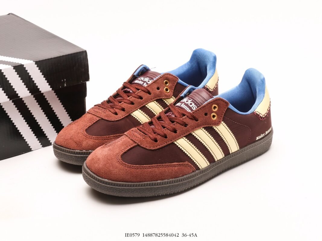 Brown sneakers with white stripes and blue lining