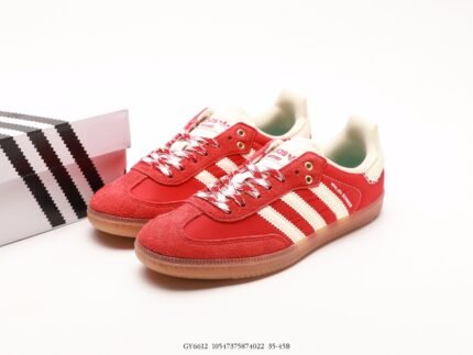 Red sneakers with white stripes and brown soles