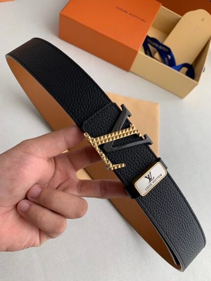 Black Louis Vuitton belt with gold buckle