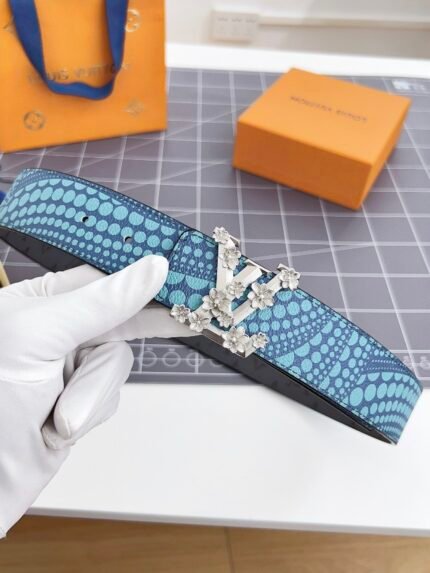 Louis Vuitton blue gradient circular pattern belt with silver floral buckle