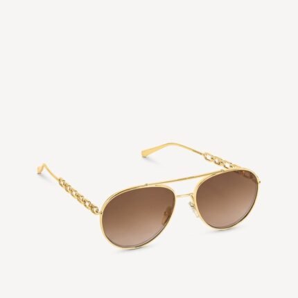 Gold metal-framed sunglasses with brown gradient lenses and chain-link temple design.
