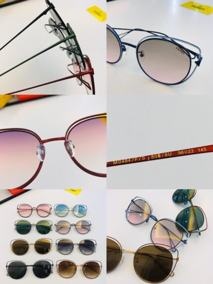 The image is a collage showcasing various Fendi sunglasses. The top left photo shows a close-up of the side view of the sunglasses, highlighting the sleek frame and the Fendi logo on the temple. The top right photo provides a detailed view of the front of the sunglasses, featuring gradient lenses and the Fendi logo. The bottom left photo displays multiple pairs of sunglasses in different colors, including red, blue, pink, green, and yellow. The bottom right photo shows a close-up of the sunglasses' arms, highlighting the model number and size details.