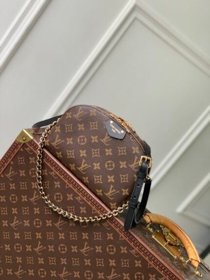 Brown classic pattern handbag with gold chain and black leather accents