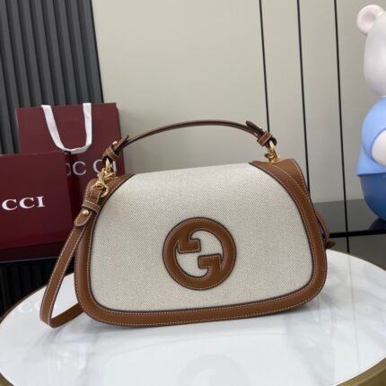 Beige canvas and brown leather handbag with brown double G logo