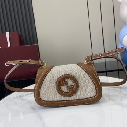 Beige canvas and brown leather handbag with brown double G logo
