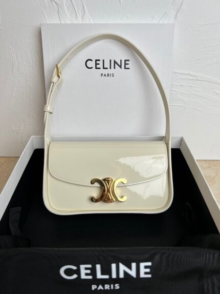 Off-white handbag with gold clasp, in brand box with dust bag